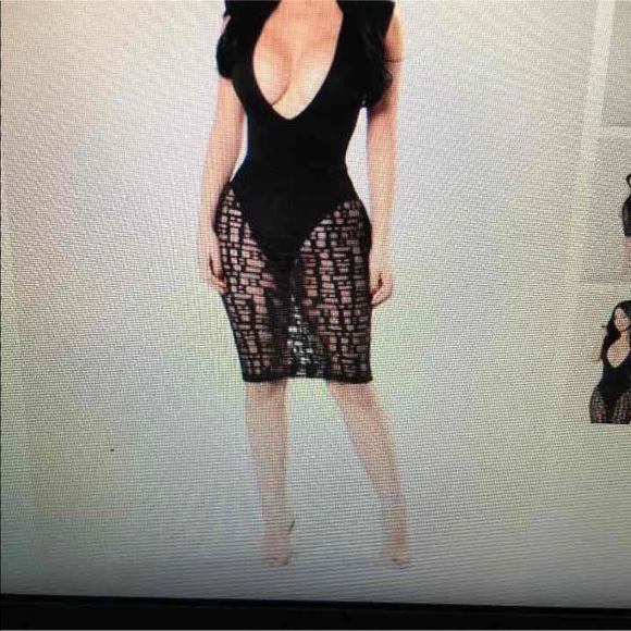 FashionNova: Deep V Neck Mesh Dress - Picture 1 of 3